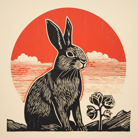 tiger hare vector illustration: a captivating depiction of hares amidst a lush grass field, resembling a woodblock print. inspired by suffolk coast views, this artwork showcases a striking combination of dark bronze and red hues. influenced by the works progress administration (wpa), it embodies narrative-driven visual storytelling through bold block prints, creating a romantic landscape. ai generatedの素材