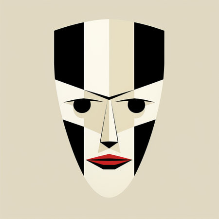 a black and white striped mask, inspired by suprematist geometric shapes and geisha portraiture, brings a unique touch to this tv show. the mask features a combination of light beige and red colors, with detailed character expressions reminiscent of maori art. the design also incorporates classical proportions and pop art-inspired illustrations. ai generatedの素材
