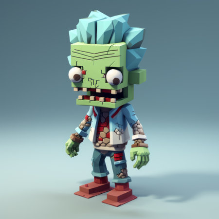 a chibi monster 3d printed rig, inspired by the style of mike campau, featuring colorful pixel-art reminiscent of simon stalenhag. the light indigo and light green hues bring a vibrant touch to this biological creature. with a lively movement portrayal influenced by bart sears and a nod to the dynamic world of marvel comics. ai generatedの素材