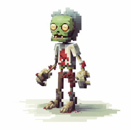 a pixel zombie, with a realistic yet stylized appearance, stands next to a background. the illustration showcases detailed rendering and a playful, cartoonish style. the image also features elaborate spacecrafts, taking inspiration from the works of esteban vicente. the overall aesthetic is a mix of grotesque elements and a full-body depiction. ai generatedの素材