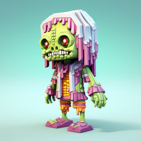 a colorful and detailed 3d model of a zombie tee for sale. this voxel art style tee features a hellish background and intricate costumes. with layered compositions and toy-like proportions, this tee is a vibrant and eye-catching addition to any collection. available in light magenta and green, this tee is a playful and unique choice. ai generatedの素材