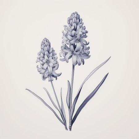 white hyacinth flowers in blue and green, depicted in a highly detailed illustration style reminiscent of minimalist black and white drawings. the flowers showcase shades of light purple and light crimson, resembling the artistic style of hyacinthe rigaud. the image features minimal retouching, preserving the historical illustration's sculpted appearance. ai generatedの素材