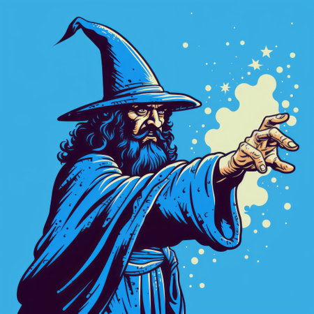 a wizard, dressed in a robe, points to the sky while throwing out his magic wand. this detailed science fiction illustration, done in the style of screen printing, features light indigo and blue tones. the artwork draws inspiration from necronomicon illustrations and showcases a strong facial expression. vintage imagery and hyperbolic expression add to the overall aesthetic. ai generatedの素材