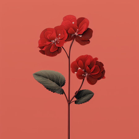 geranium with leaf abstract illustration on peach, inspired by the style of etam cru. this photorealistic composition showcases a vibrant mix of dark red and red hues. reminiscent of hiroshi nagai's artwork, this monochromatic minimalist portrait is uniquely crafted using flowers as the medium. a stunning and captivating illustration that seamlessly merges various artistic influences. ai generatedの素材