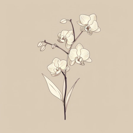 a hand-drawn white orchid flower in a minimalist style, featuring earth tone colors. the sketch is created using vector graphics, with graphic contours and a light violet and light brown color palette. the flower stands against a matte background, giving it a classic still-life feel. this design showcases a minimalistic approach to capturing the beauty of the orchid. ai generatedの素材