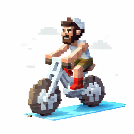 pixel version of an old-fashioned bike with a modern twist, inspired by the sculptor jump cuts and artist alex hirsch. this unique artwork features extreme angles and incorporates religious subjects, reminiscent of the playful absurdity found in the works of omri koresh. ai generatedの素材