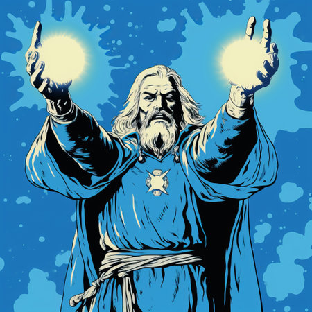 a man holds two lights up in a hieratic visionary style, reminiscent of comic book action and religious iconography. the dark sky-blue and light gray colors add depth to the scene, while the religious symbolism evokes the works of alan moore and david finch. ai generatedの素材