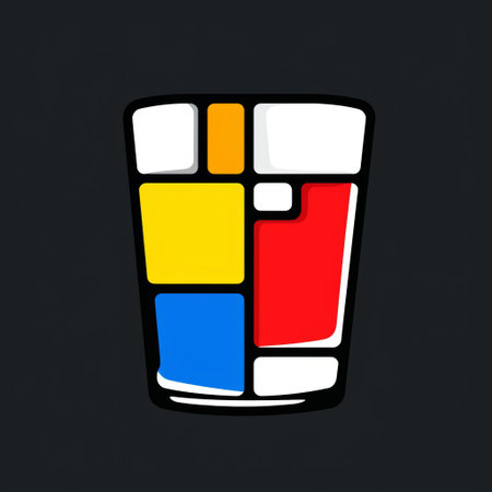 a colorful cup featuring red, yellow, and blue squares, reminiscent of 2d game art and clever cartoons. made of glass, this minimalist black and white logo design showcases witty drawings infused with social commentary, representing a collaboration of artistic styles. ai generatedの素材