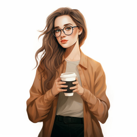 woman in glasses holding coffee and her glasses, portrayed in a digital painting style. this detailed character illustration captures the essence of artists like emilia wilk, hannah yata, and justin bua. the photograph was shot on 70mm, resulting in a stylish composition. ai generatedの素材