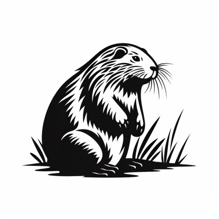 a black and white illustration of a rat sitting in the grass, showcasing the classic tattoo motifs and stencils. the illustration is reminiscent of scientific illustrations and prairiecore aesthetics, with luminous shadowing and a strong facial expression. ai generatedの素材