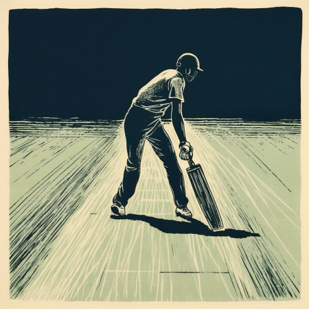 cricket player in visor batting on the ground, captured in a chiaroscuro woodcut style. this detailed atmospheric portrait, reminiscent of post-world war ii art, showcases the artist's skill in creating a captivating linocut print. the contrasting lights and darks add depth to this editorial illustration, giving it a unique and striking visual appeal. ai generatedの素材