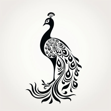 a mystical black peacock silhouette vector, inspired by monochromatic graphic design, showcases the elegance of east asian calligraphy and the intricate arabesque scroll patterns. this decorative artwork combines ornate simplicity with the decadent touch of a skilled graphic designer, resulting in a characterful animal portrait. ai generatedの素材
