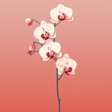 white orchids bloom gracefully on a pink flower pattern background, creating a stunning visual in the style of graphic design-inspired illustrations. the dark red and light orange hues add a touch of realism to the minimalist illustrator's work, showcasing intricate detailing and a graceful balance reminiscent of delicate sculptures. ai generatedの素材