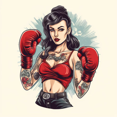 vintage style girl boxing with black gloves, showcasing classic tattoo motifs. the fashion-illustration features a combination of light red and dark azure colors, giving it a lowbrow aesthetic. the girl's strong facial expression adds to the intensity of the tattoo-inspired artwork. ai generatedの素材