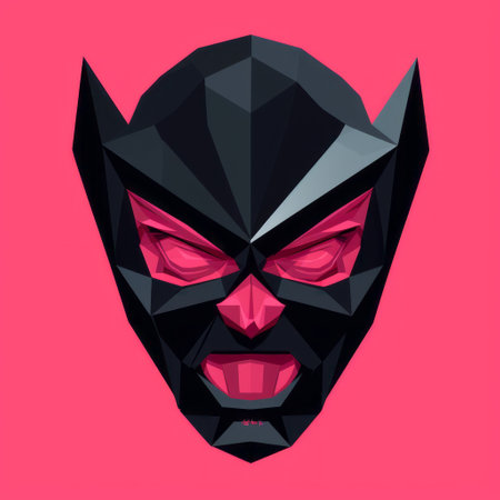 a black catman character with a strong facial expression is depicted in this aggressive digital illustration. the character is set against a pink background, showcasing multifaceted geometry. the artwork draws inspiration from the styles of fang lijun, papua new guinea art, and features dark crimson accents and ritualistic masks. ai generatedの素材