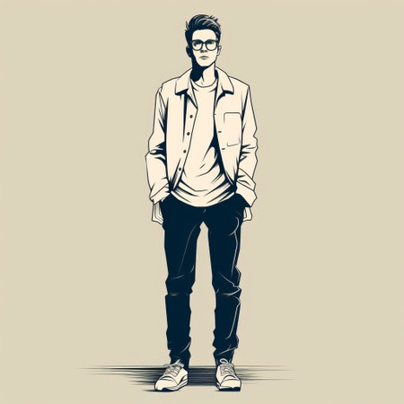 a vector illustration of a man wearing a coat and jeans, showcasing a monochrome portrait style. this nerdcore-inspired artwork combines optical elements with a beige color palette, resulting in a unique mashup of styles. the illustration boasts a crisp and clean look, capturing the essence of the subject. ai generatedの素材