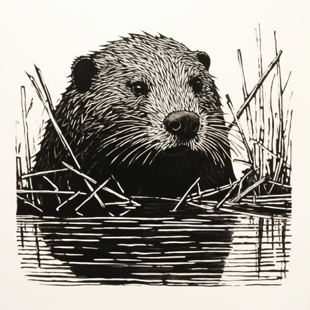 a black and white drawing of a rat otter in reeds, showcasing the intricate details and strong facial expression. the artwork is created in the style of silkscreen and woodblock prints, with meticulously crafted scenes. the image captivates with its stark contrast of light and shadow, evoking a sense of soggy wilderness. ai generatedの素材