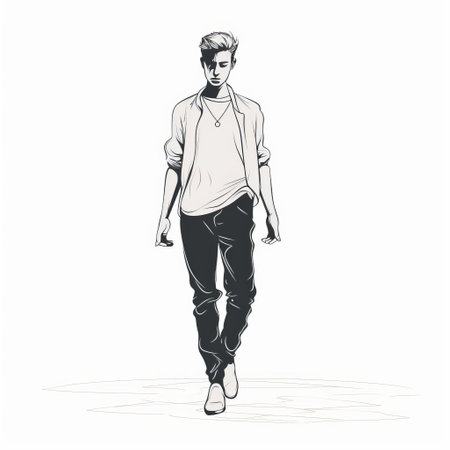 a vector illustration of a fashion business man, featuring contoured shading in the style of joram roukes. the artwork showcases a combination of dark and white tones, with a frontal perspective. inspired by the works of jean restout the younger, the illustration exhibits fluid and loose lines, along with intricate penciling details. ai generatedの素材