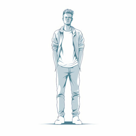 a young man in a white shirt and white jeans stands upright in this uhd image. the style of the illustration is linear, with heavy outlines in gray and cyan. the charming character illustrations have a realist lifelike accuracy, showcasing a streetwise style. ai generatedの素材