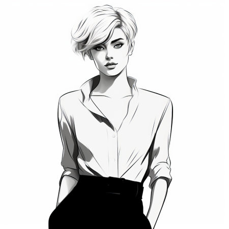 a woman is depicted in this illustration wearing black pants and a white and black shirt. the artwork is done in the style of artgerm, known for his charming character illustrations. the piece draws inspiration from the 85 new wave movement, showcasing detailed portraiture with a crisp and delicate touch. the influence of herge and mono-ha can also be seen in this captivating artwork. aiの素材