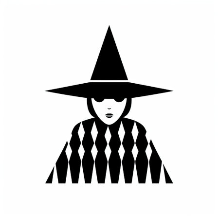 a black and white witch logo featuring playful geometries and comical figurative elements. this minimalist portrait showcases striped painting techniques and toy-like proportions. with detailed attention to costume and fashion, this logo embodies a whimsical and stylish aesthetic. perfect for those seeking a unique and eye-catching design. ai generatedの素材