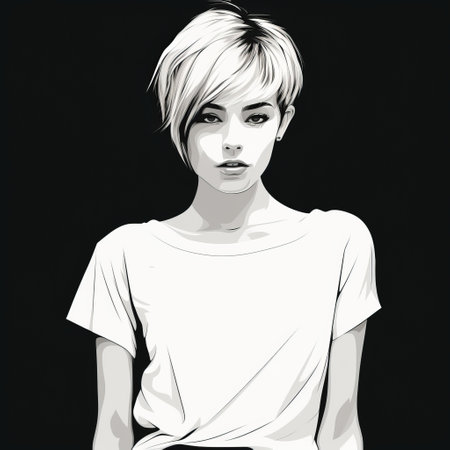 a portrait of a man with short hair is depicted in this digital art piece. the man is captured against a black background, showcasing the beautiful women-inspired manga style. the artwork is rendered in monochrome, with a womancore aesthetic, featuring contrasting shades of dark white and amber. this fashion-illustration has a screen printing effect, adding a unique touch to the overall composition. ai generatedの素材
