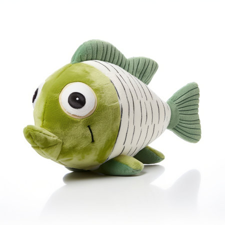 a playful caricature of a green stuffed pond fish, inspired by the style of doug hyde, is depicted sitting on a white surface. the fish features horizontal stripes and is made using fabric. the photograph, captured with a fujifilm natura 1600 camera, showcases the artistic touch of robert silvers. ue5. ai generatedの素材