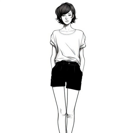 a portrait of a genderless woman standing in black shorts, depicted in the minimalist black and white manga style. the artwork, created by chie yoshii, showcases subtle coloring and draws inspiration from the hallyu trend. this captivating image can be found on flickr. ai generatedの素材