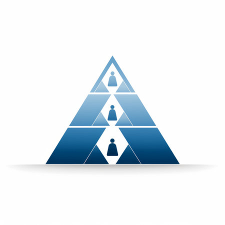 a business triangle icon template for a logo featuring abstracted human figures in a perspective rendering. the design showcases layered translucency with a combination of blue and beige colors. inspired by egyptian iconography, the logo stands out against a clean white background, symbolizing strength and professionalism. ai generatedの素材