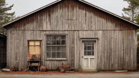old reclaimed timber buildings in vermilion county, ontario, canada, captured in a moody still life style. the gray and beige structures showcase intricate details reminiscent of auto body works. the soft atmospheric perspective adds depth to the 8k resolution image taken with a konica big mini camera. ai generatedの素材