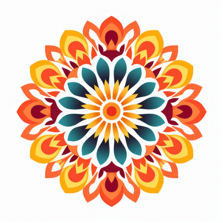 indian flower pattern on a white background, featuring vibrant geometric abstractions in a traditional mexican style. the tondo design showcases a warm color palette with dark cyan and orange, as well as light yellow and dark crimson accents. the pattern holds psychological symbolism, creating a visually striking and culturally rich image. ai generatedの素材