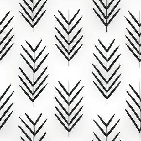 black and white leaves on a white background, showcasing geometric aesthetics and repetition. this mid-century illustration exudes minimalistic symmetry, reminiscent of wallpaper designs. the fine feather details add depth to the image, while the african-inspired textile patterns bring a touch of cultural influence. ai generatedの素材
