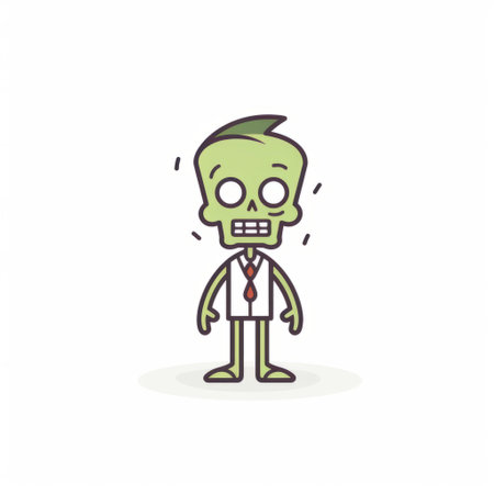 a businessman zombie, with precise linework and cute cartoonish designs, is seated wearing a tie. this minimalist illustration features light maroon and light green colors, giving it a unique and eye-catching appeal. the animated gifs and zombiecore elements add a touch of playfulness to the overall design, reminiscent of children's book illustrations. ai generatedの素材