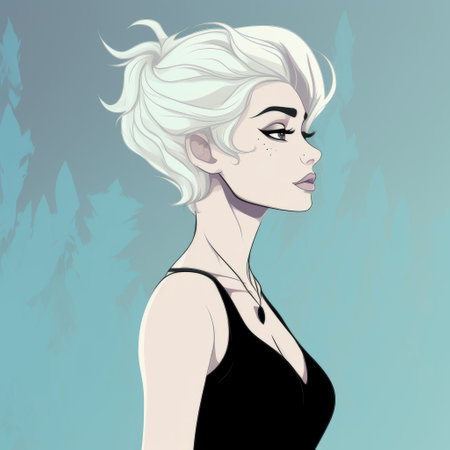 anime girl with a whimsical character design, inspired by becky cloonan's style. she gazes away from the camera, surrounded by mountainous vistas. her light silver and dark aquamarine color palette contrasts with the dark white and black background. the fashion-illustration features strong contours, creating a visually striking image. ai generatedの素材