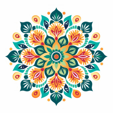 mandala art: ornamental design isolated on white, dark teal and light orange color scheme, folk art-inspired illustrations, light emerald and yellow accents, mexican folklore-inspired, simple yet colorful illustrations, intricate floral arrangements, bold and vibrant graphic design. ai generatedの素材