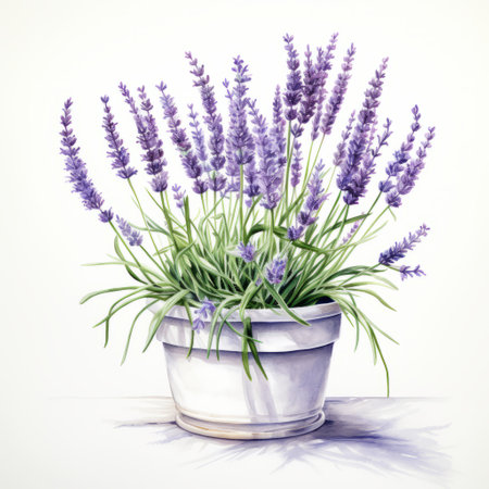 watercolor illustration of lavender flowers on white, resembling glazed earthenware. minimal retouching enhances the realistic and hyper-detailed renderings, creating charming vignettes. inspired by the works of arnoldo pomodoro, this monochromatic painting won a contest for its exquisite execution. ai generatedの素材