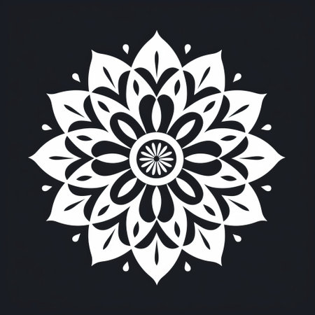 a white flower shape vector illustration with a woodblock printing style. the illustration is set against a black background and features circular shapes reminiscent of aztec art. the design showcases a strong use of negative space, creating a visually striking composition. this feminine sticker art draws inspiration from cambodian art. ai generatedの素材