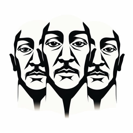 three black heads are depicted in a single sketch, showcasing detailed surrealism and the style of reflections and mirroring. the strong facial expressions and bold stencil technique add depth to this black illustration. inspired by the works of filippo brunelleschi and tadao ando, this illustration captures a unique and captivating visual narrative. ai generatedの素材