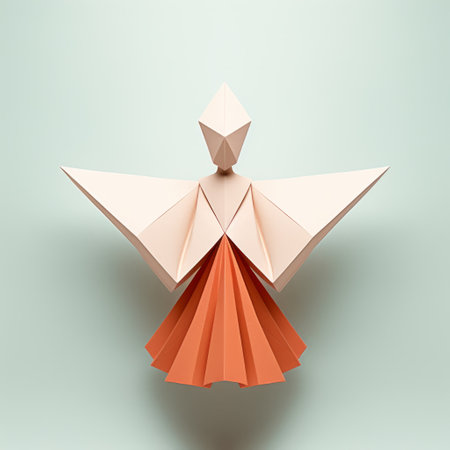 an origami origami with a red dress is showcased on a light blue background, incorporating elements of light orange and dark emerald. this reimagined religious art piece, rendered in cinema4d, exhibits symmetrical balance and features inventive character designs. the composition is enhanced by a subtle tonal range of light white and light orange. ai generatedの素材