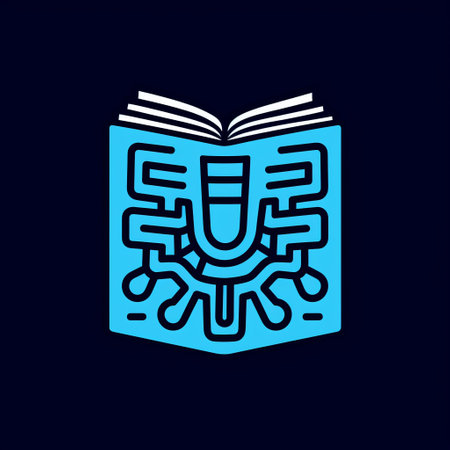 the book opened in an open space, revealing a small blue design on the cover. the design features a unique style reminiscent of human anatomy, with squiggly line details similar to illustrations found in the necronomicon. the image is in ultra-high definition (uhd), showcasing vibrant navy and cyan colors. the design incorporates iconographic symbolism and is characterized by strong linear elements. ai generatedの素材