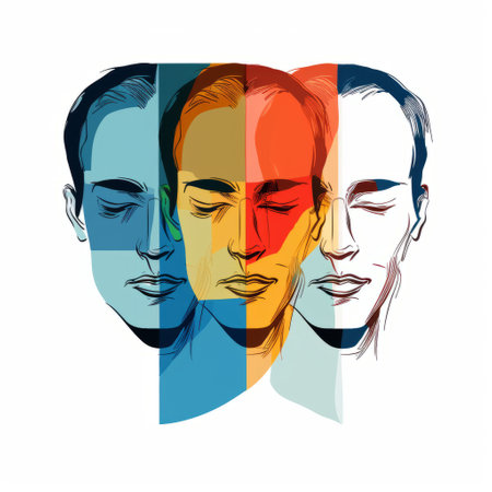 a vector illustration of a man's face in a rainbow, featuring monochromatic minimalist portraits with colorful dreams. the artwork showcases split toning, reflections, and mirroring techniques, along with expressive line-work. the elegant and emotive face is highlighted with light blue and orange tones. ai generatedの素材