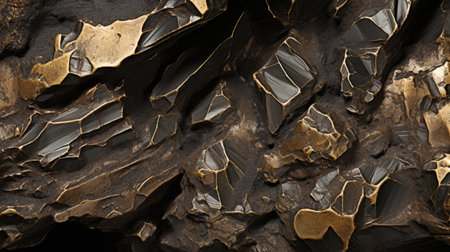 brown and gold rocks on a black background, captured in the style of a national geographic photo. the detailed engraving and fragmented planes create a visually captivating composition. shot with a wollensak 127mm f47 ektar lens, these close-up shots highlight the bronze casts and highly polished surfaces of the rocks. ai generatedの素材