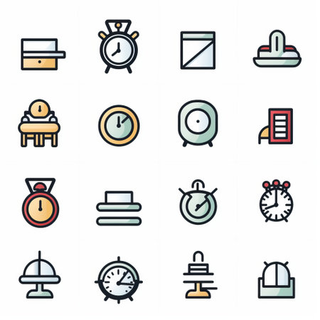 time and time management icons vector featuring bold lines and dynamic colors. these icons are designed in the style of the helsinki school, with extravagant table settings and animated gifs. they are historically accurate and showcase color-blocked shapes inspired by industrial design. available for purchase at 1 credit per usd 1. ai generatedの素材