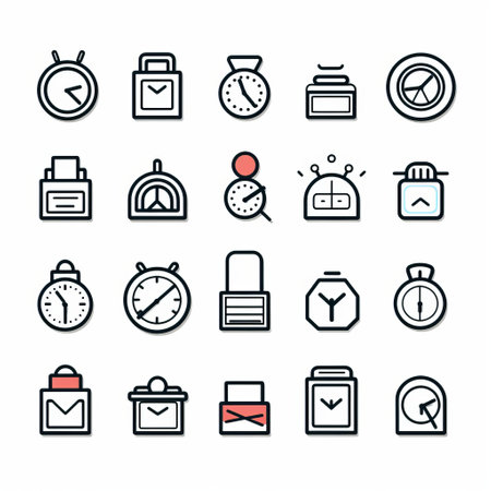 a vector image featuring time clocks and various icons, designed with bold and dynamic lines in a precisionist style. the artwork showcases free-flowing lines and meticulous linework precision, enhanced by vibrant color usage. available for purchase at the price of 1 credit, equivalent to 1 usd. ai generatedの素材