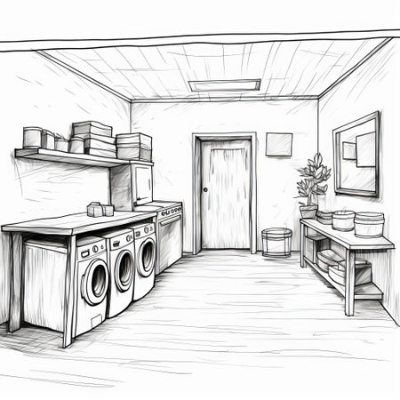 the photo showcases a drawing layout of a laundry room, designed in the style of monochrome landscapes. the atmospheric environments and speedpainting techniques add a unique touch to the composition. influenced by comic books, the layout exudes a rustic charm with its clean and streamlined frontal perspective. ai generatedの素材