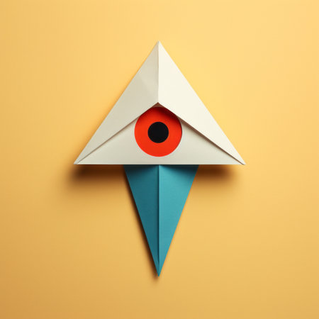 an origami eye in a cartoon-style, colored composition with elements of abstract minimalism. the birds-eye-view perspective adds depth to the egyptian iconography-inspired design. meticulously crafted, the photorealistic still life showcases a harmonious blend of light cyan and orange hues. the overall aesthetic exudes a sense of stark minimalism. ai generatedの素材