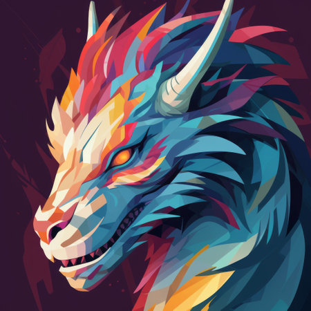 a vibrant illustration of a dragon, inspired by the artistic style of laurie greasley. the dragon is depicted in bright colors, with digital gradient blends creating a visually striking effect. the dragon's facial expression is intense and powerful, while the contrasting shades of dark crimson and light blue add depth to the image. this artwork, created by anton fadeev, showcases his talent for bringing colorfulの素材