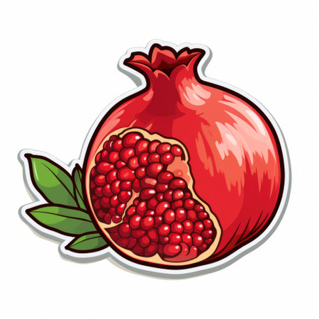 a pomegranate sticker is showcased on a white background, featuring sharp and vivid colors. this sticker is designed in the style of emek golan, resembling a storybook illustration with a captivating graphic composition. ai generatedの素材