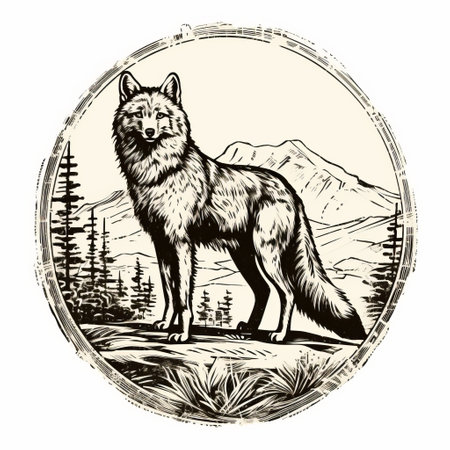 a wolf, depicted in the style of engraved line-work, stands majestically in the sky above a forest. the artwork showcases rounded, himalayan-inspired elements and incorporates vintage imagery. with a tondo composition and americana iconography, the piece exudes a strong sense of realism. ai generatedの素材