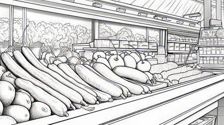 a color illustration captures the vibrant display of fruits, veggies, and eggs in a supermarket. the artwork is rendered in a unique style reminiscent of black and white grayscale, with immersive environments and detailed linework. influenced by the ashcan school and cottagepunk aesthetics, this illustration showcases the beauty of everyday life. created using a ricoh ff-9d camera, it is a stunning piece of art. aiの素材